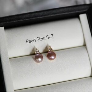Purple Pearl Stud Earrings with Diamond Accents